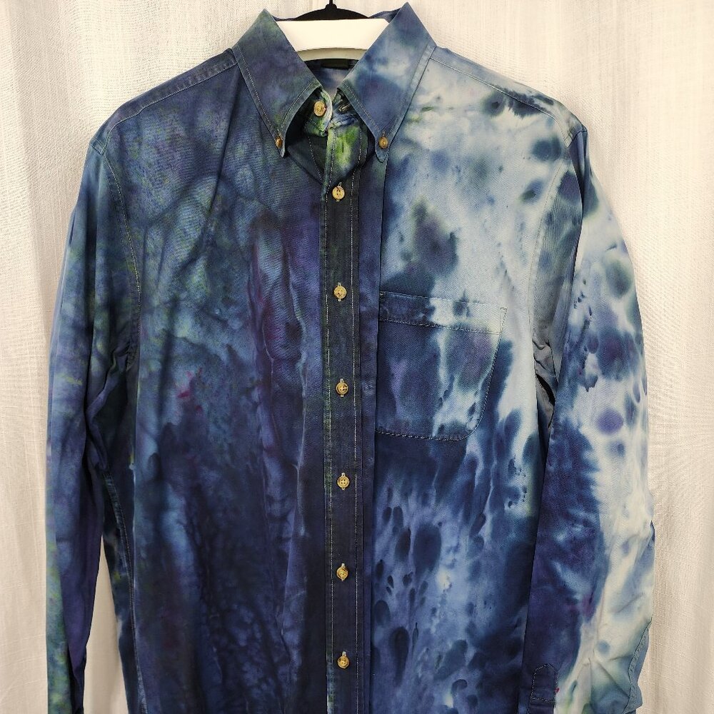 Oregon Rain Tie Dye (snow dyed) Long Sleeve Dress Shirt, Size Large-Tall